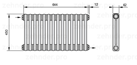 Схема (чертеж) Радиатор Zehnder Charleston 2045/14 №1670 Белый глянцевый RAL 9016